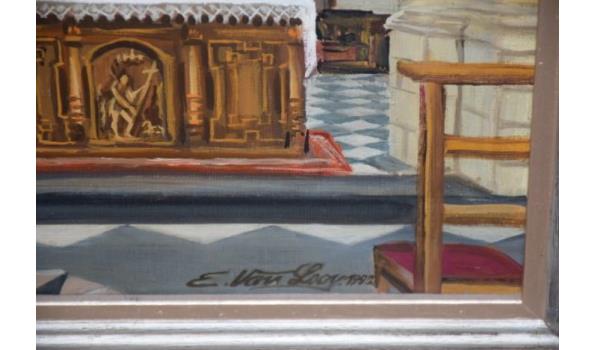 schilderij op doek voorstellende kerkinterieur, getekend, afm plm 72x83cm